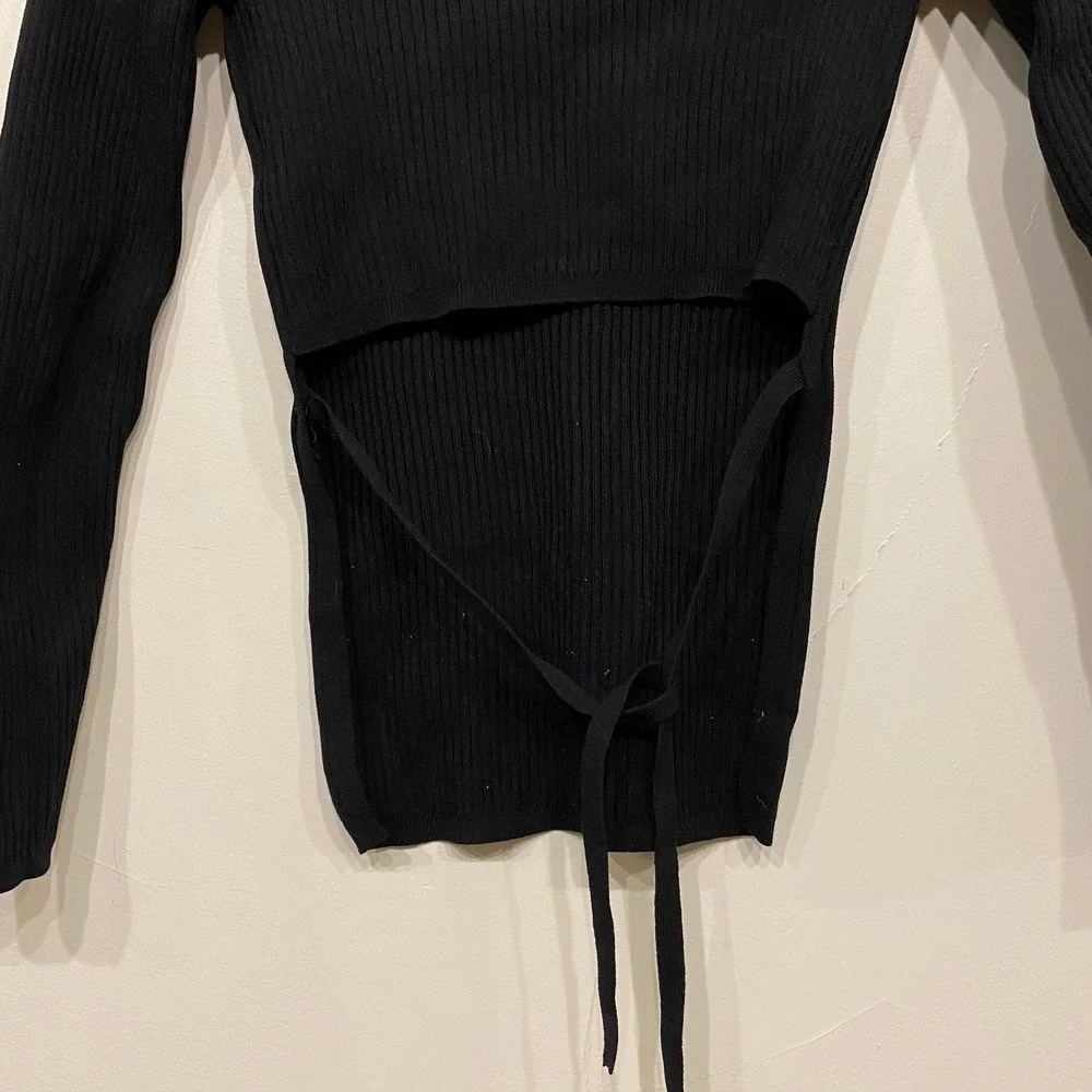 Aritzia Babaton Sculpt Knit Tie-Back Top Black Ribbed Mock Neck Open Back XS